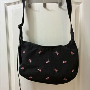 BAGGU Black and Pink Medium Crescent Crossbody Bag with Embroidered Motifs
